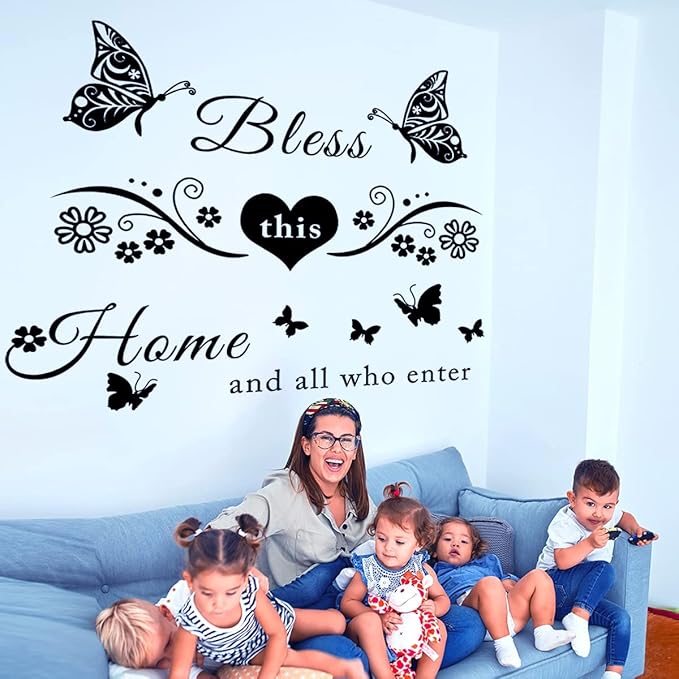 Vinyl Wall Stickers Quotes Art Decal Sticker Bless This Home and All Who Enter Wall Decals Flowers Butterfly Wall Decor Sticker for Entryway Living Room Home Decor