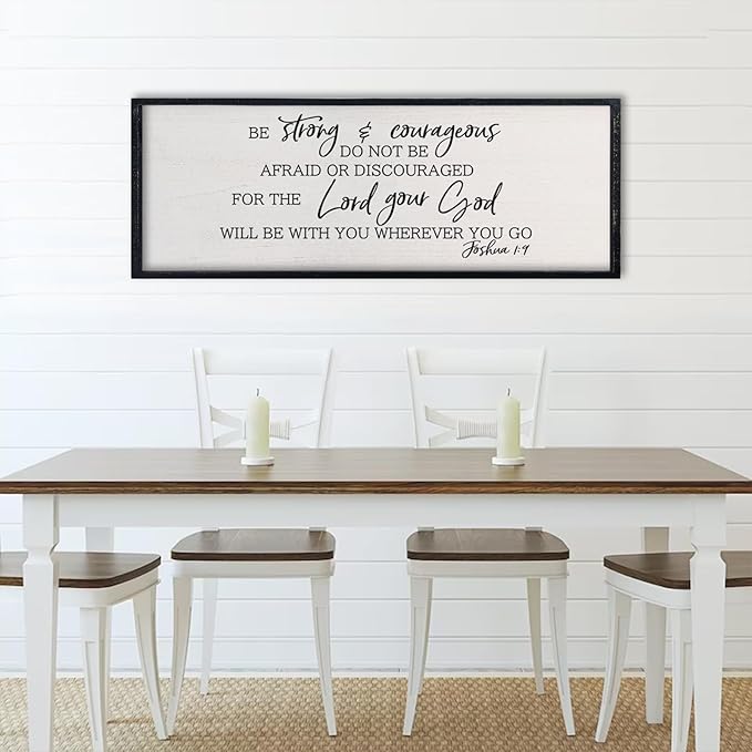 comurdyo Christian Motivational Be Strong And Courageous Sign Wall Decor 32"x12" Joshua 1:9 Bible Verse Religious Faith Rustic Home Simple Living Room Wood Plaque Art Wall Hanging (Black)