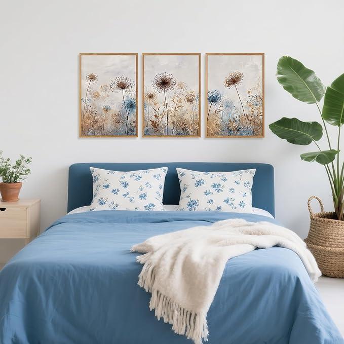 CHDITB Dandelion Wall Art Framed Canvas Wall Art Set Of 3, Dandelion Picture for Living Room, Vintage Wildflower Artwork Botanical Wall Decor, Nature Floral Art Prints for Bedroom Home Decor (12x16 Inch)