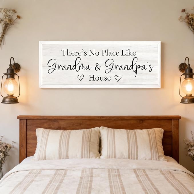 There’s No Place Like Grandma and Grandpa’s House Wall Decor: 32x12 Inch Framed Wooden Family Quote Sign, Rustic Farmhouse Wall Art for Grandparents’ Home, Living Room or Entryway, White