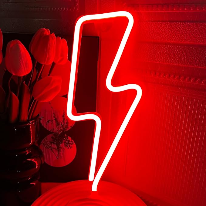 Neon Signs Lightning Bolt Neon Light Sign for Wall Decor, Battery or USB Powered Led Lightning Light Neon Sign for Bedroom, Kids Room, Birthday, Party, Wedding, Home, Kids Decorations Red
