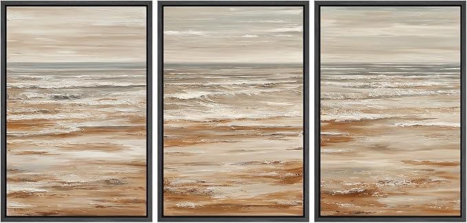 MUDECOR Framed Wall Art Print Set Neutral Coastal Seascape Minimalist Ocean Waves and Sandy Shore Illustrations Modern Art Boho Decorative for Living Room, Bedroom, Office - 24"x36"x3 BLACK