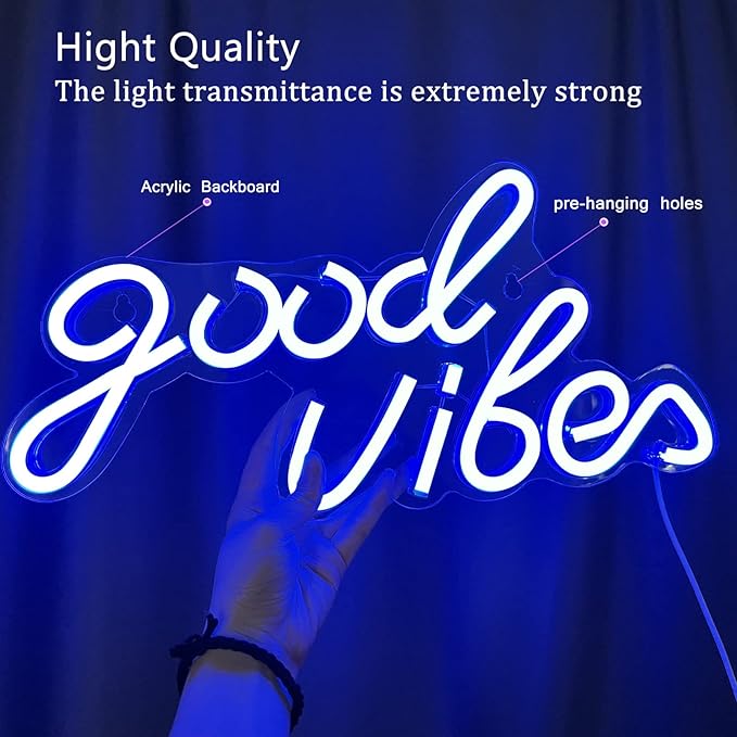 Good Vibes Neon Sign Blue Good Vibes Neon Lights USB Operated Aesthetic LED Signs for Bedroom Wall Decor Birthday Party Wedding Salon Bar Home Girl Cave