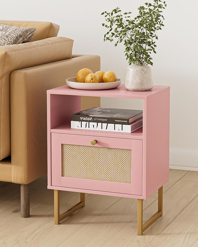 Rattan Nightstand, Boho Night Stand Farmhouse Wood Bedside Table with Storage and Open Shelf, End Side Accent Table for Bedroom,Living Room,Pink