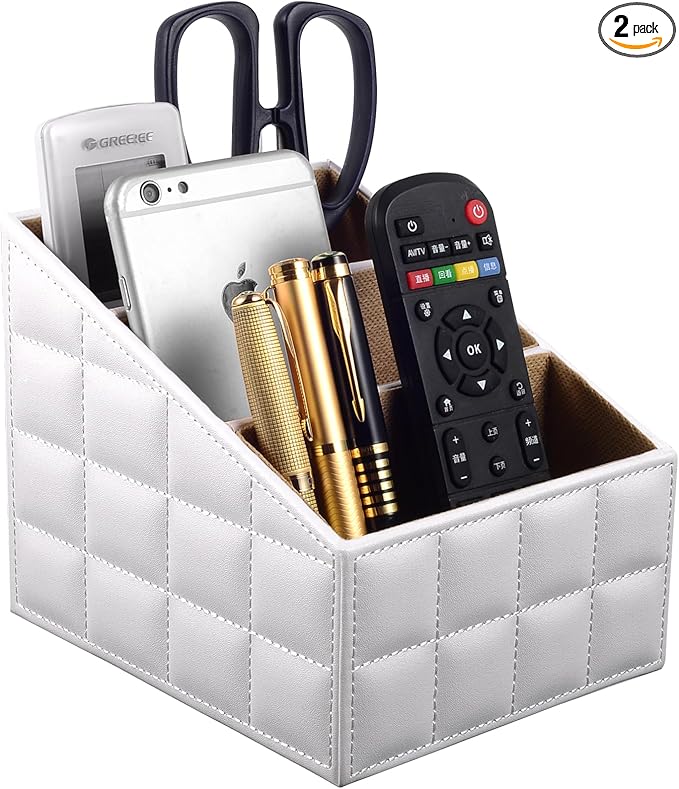 Fashionable PU Leather TV Remote Control Holder with 3 Compartments,Multifunction Desktop Organizer Holder, Media Accessory Storage & Organize Controllers (white)…