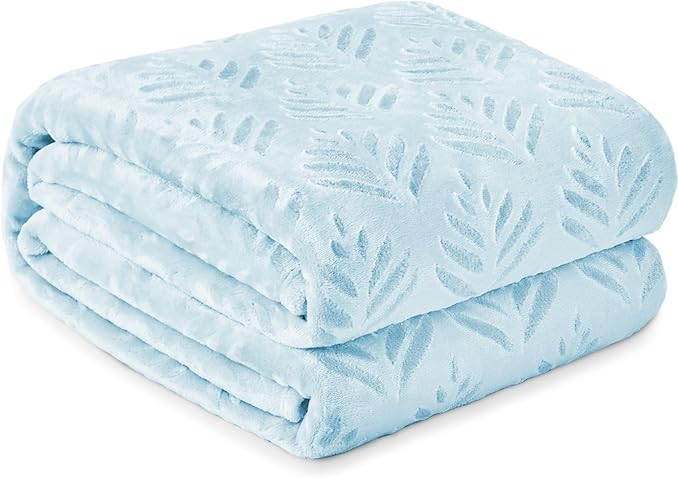 Exclusivo Mezcla Twin Size Fleece Blanket for Bed, Super Soft and Cozy Blankets All Season Use, Leaves Pattern, Plush Fuzzy Lightweight, Ice Blue, 60x80 Inch