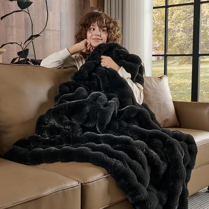 Lotus Karen Queen Size Faux Fur Blanket - Big Bubble Rabbit Fluff, 90x90 Inches