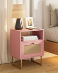 Rattan Nightstand, Boho Night Stand Farmhouse Wood Bedside Table with Storage and Open Shelf, End Side Accent Table for Bedroom,Living Room,Pink