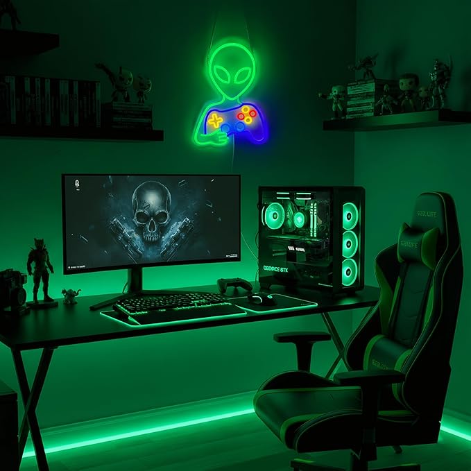 Alien Gamer Neon Sign, Dimmable Alien with Game Controller LED Lights for Game Room Wall Decor, Bedroom, Man Cave, Best Gamer Gifts for Teen Boys and Kids, 16 x 12 inch