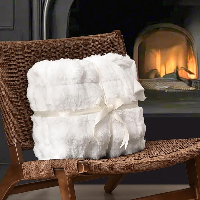 PHF Luxury Faux Rabbit Fur Throw Blanket, Ultra Soft Fluffy Plush Cozy Warm Bubble Blanket for Bed, Couch, Chair, Sofa Decorative, Thick Reversible Throw Suitable for Fall & Winter, 50" x 60", White