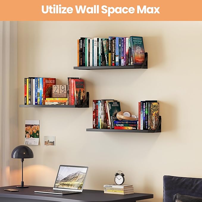 upsimples 23.6 Inches Floating Book Shelves for Wall, Floating Wood Shelves for Living Room, Laundry Room, Bedroom, Office Organizer and Storage, Black