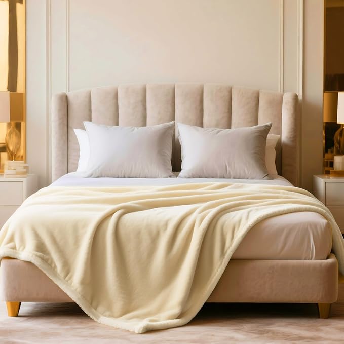 Plush Velvet Fleece Bed Blanket, Lightweight Queen Size Blanket, Soft Fuzzy Cozy Blanket for Couch (Cream Yellow, Queen)