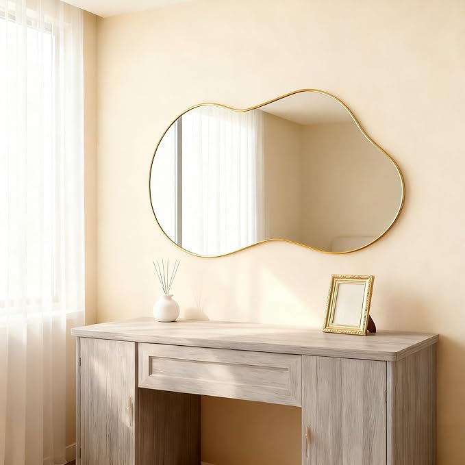 Itrue 20×36 Inch Irregular Wall Mirror, Brushed Gold Metal Framed Asymmetrical Bathroom Mirror, Silver-Backed HD Tempered Glass Vanity Mirror for Over Sink, Living Room, Entryway