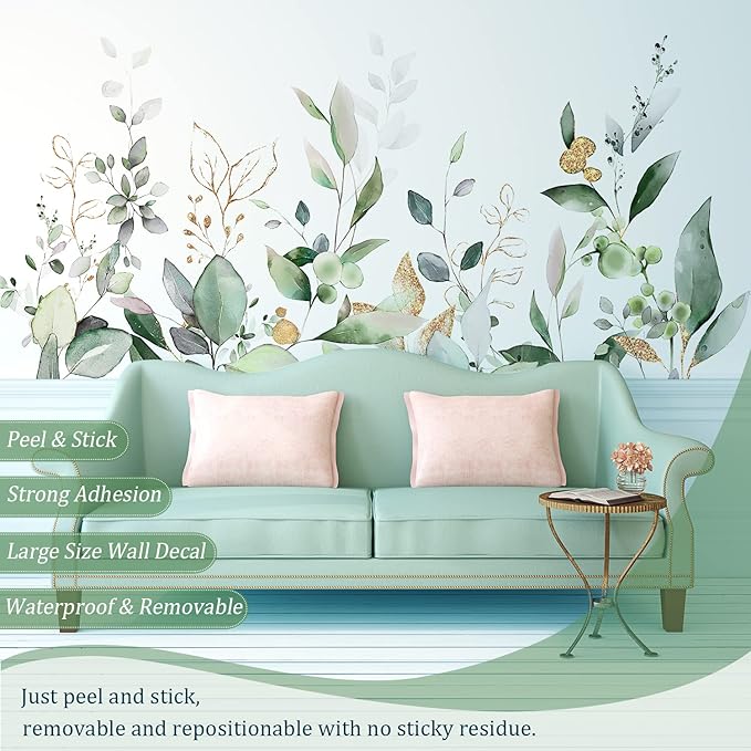 Green Plants Leaves Wall Decals Peel and Stick, Large Hanging Herbal Vinyl Wall Stickers, Removable Vine Home Decor Art for Bedroom Living Room Classroom Office