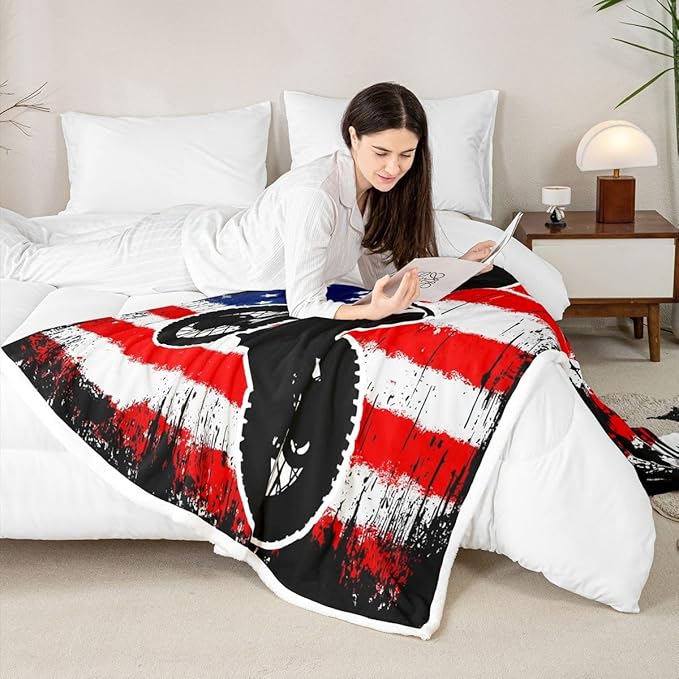 Dirt Bike Fleece Throw Blanket Twin 60"X80" Retro American Flag Throw Blanket For Kids Boys Teen Men,Motocross Rider Sherpa Blanket Black Tie Dye Red Blue Usa Flag Plush Blanket For Bed Sofa Couch