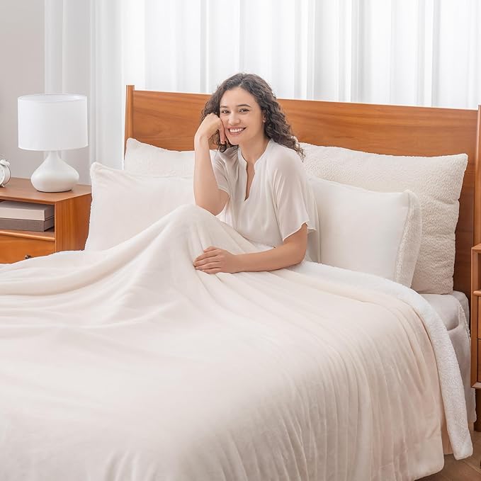 Berkshire Blanket-Sherpa Fleece Blanket, Warm and Soft Loftmink Reversible Blanket for Bed, Sofa and Travel, Cream, 90 in x 108 in