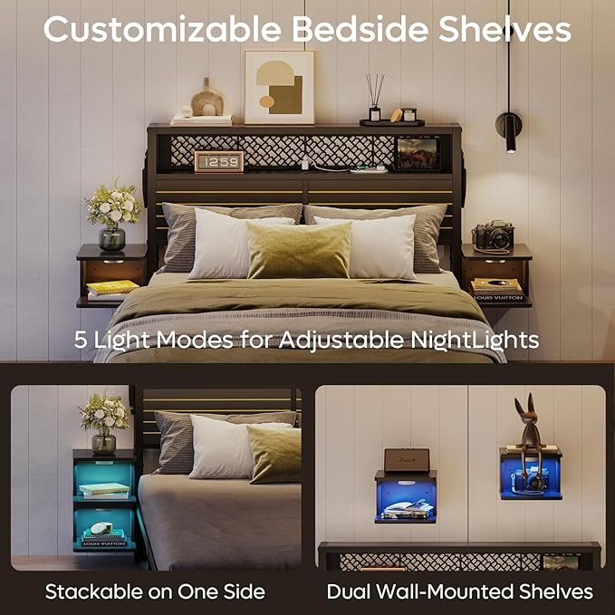 Bestier Full Bed Frame with Horizontal Golden Stripe Storage Headboard&LED Nightstands, Metal Platform Bed with Charging Station, Heavy Duty Metal Slats, No Box Spring Needed, Noise Free(Matte Black)