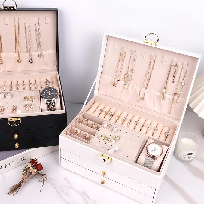 3 Layer Jewelry Box Organizer with Drawers, Lockable PU Leather Jewelry Storage Case for valentine gifts Necklace Earring Ring Bracelet Watch, White