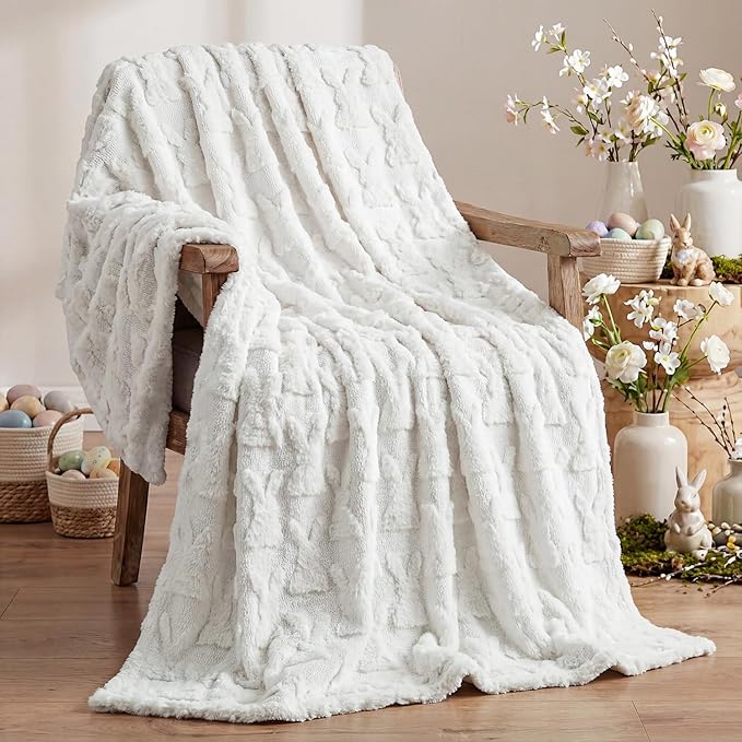 Horaldaily Easter Solid Blanket Throw, White Rabbits Soft Fuzzy Plush Faux Fur Cozy Blankets for Couch Sofa Bed Lounging, Ideal Gifts for Kids Adults Wife Self, 60x80