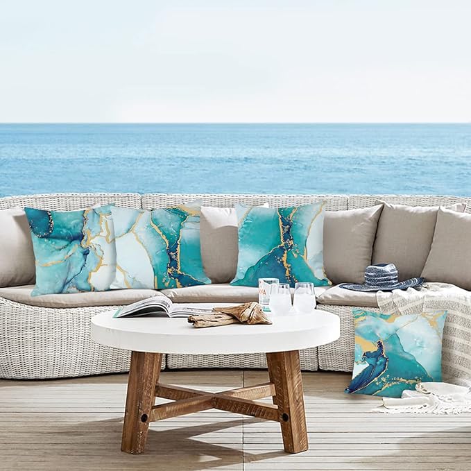 Bonhause Turquoise Marble Throw Pillow Covers 16x16 Inch Set of 4 Two-Sided Teal Gold Abstract Art Modern Decorative Pillows Case Soft Velvet Outdoor Cushion Covers for Couch Sofa Bed Home Decor
