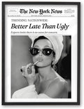iHery Small Premium Natural Black OAK Wood 8x10in Audrey Hepburn Trendy Framed Wall Art, Vintage Funny Better Late Than Ugly Canvas Bathroom Wall Decor Essential,Girly Dorm Bedroom Living Room 1Pack