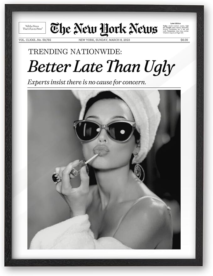 iHery Premium Natural Black OAK Wood 16x20in Audrey Hepburn Trendy Framed Wall Art, Vintage Funny Better Late Than Ugly Canvas Bathroom Wall Decor Essential,Girly Dorm Bedroom Living Room 1Pack