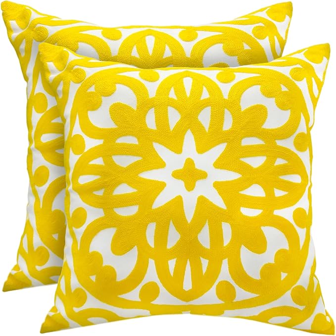 Alysheer Floral Embroidered Spring Decorative Throw Pillow Cover 18"x 18" Set of 2, Boho Mandala Embroidery Yellow Patterned Cushion Case for Sofa Couch Living Room Bedroom Outdoor