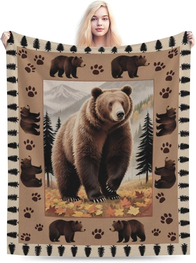 Bear Throw Blanket - Soft Plush Fleece Cabin Wild Animal Bedding Blankets- Cozy Bear Stuff Gifts for Women Girls Kids Adults 60"X80"
