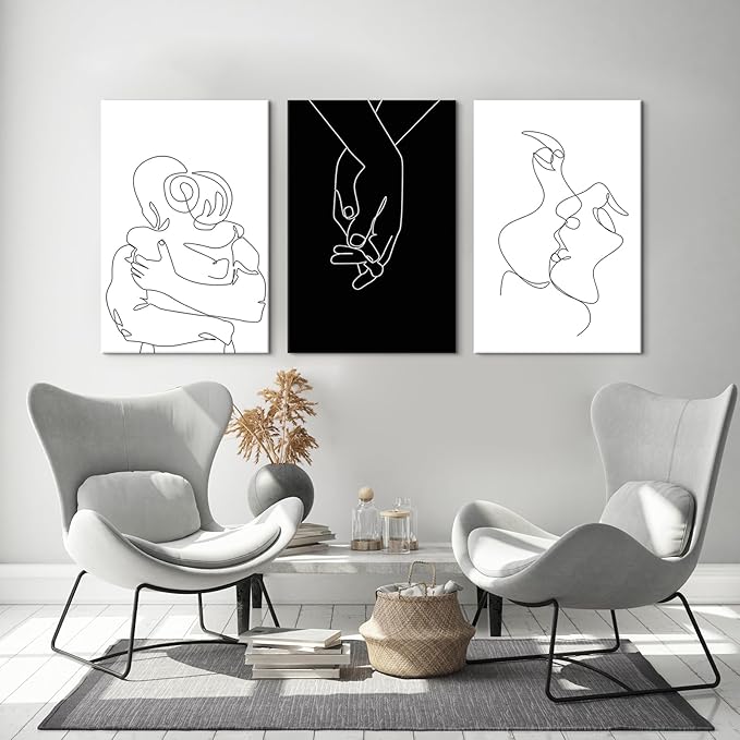 Couples Wall Decor Minimalist Line Wall Art Abstract Love Painting Black and White Line Drawing Art Hug Kiss Holding Poster Prints for Bedroom Bathroom Living Room Wall Decor