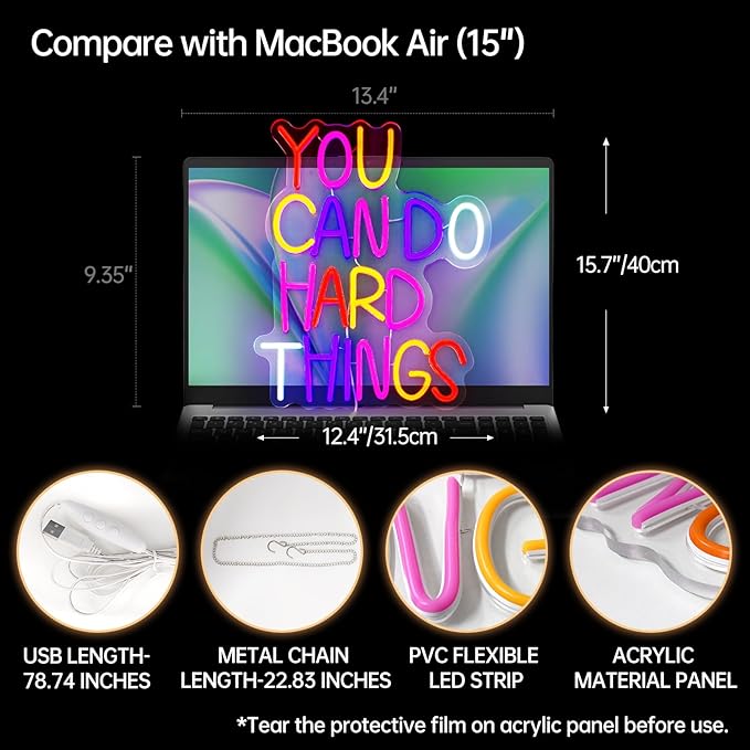 Neon Lights for Wall Decor - You Can Do Hard Things Neon Signs for Bedroom Classroom, Inspirational and Postive Led Neon Light sign for Libairy, Dorm, Kids' Room, Dimmable Switch USB Power, Adhesive Hook Included