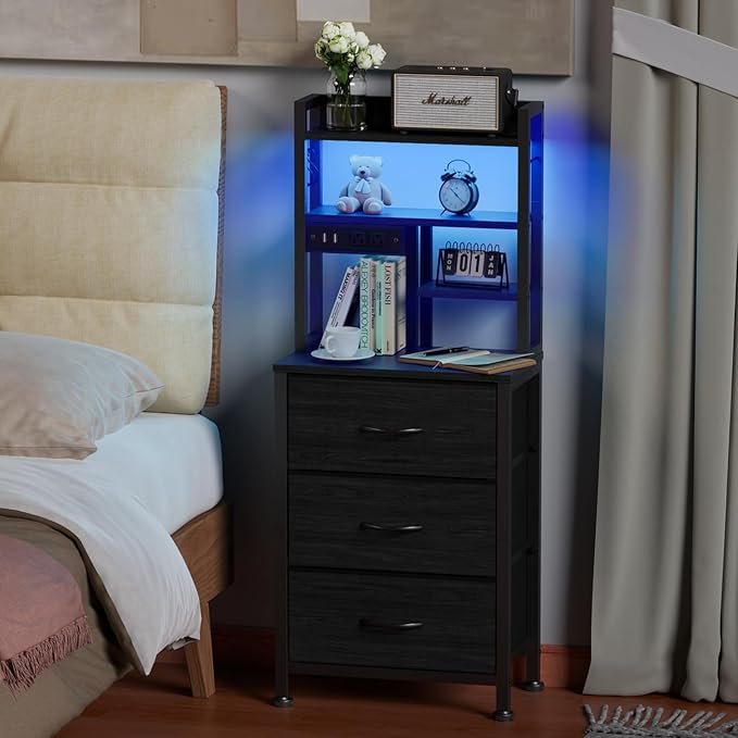 Furnulem Tall Night Stand with 3 Fabric Drawers and LED Lights, Nightstand with Bookshelf, 45.3inch Tall Bedside Tables with USB Ports in Bedroom, Dorm, Office,Metal Frame, Wood Shelves (Black Oak)