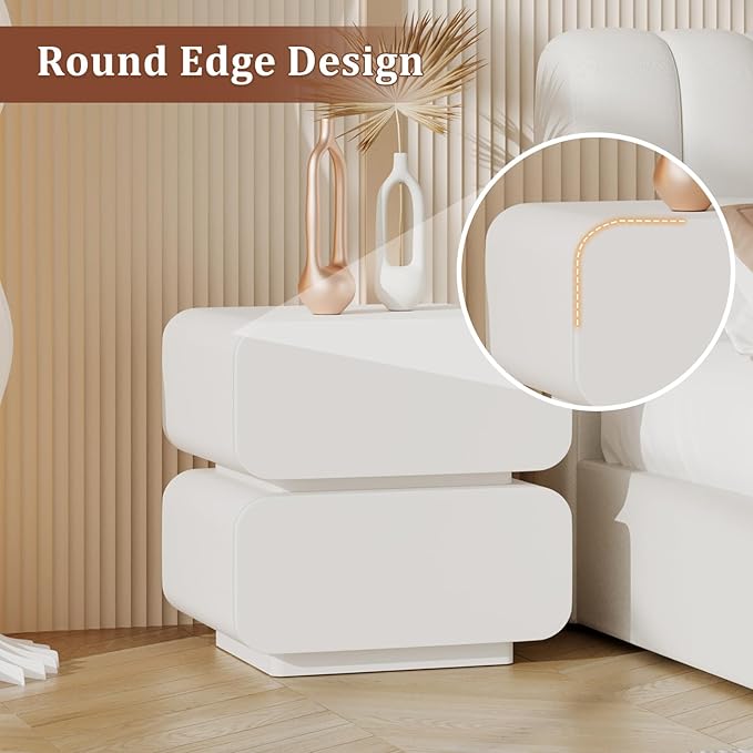 Nightstand with 2 Drawer, Bedside Table with Microfibre Leather, Fashion Night Stand for Bedroom, No Assembly Required (White, 2 Drawers Square)