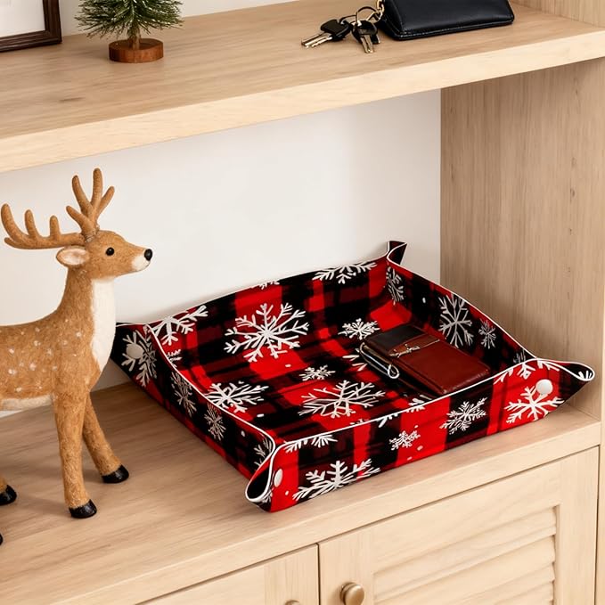 Tray Leather Valet Tray Snowflake Buffalo Plaid Catchall Trays Key Organizer Night Stand Organizer Bedside Vanity Trays Decor for Entryway Table