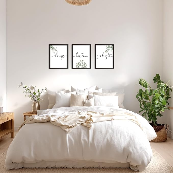 Always Kiss Me Goodnight Wall Art Framed Set of 3, Botanical Prints for Bedroom, Sage Green Eucalyptus Decor Above Bed, Love Theme Modern Couples Master Bedroom Wall Decorations 12x16 Inch