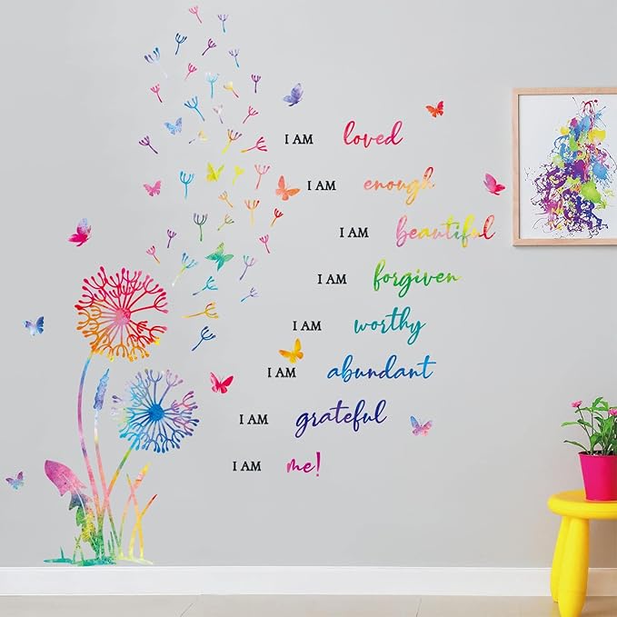 HLNIUC Large Dandelion Inspirational Saying Wall Sticker Butterfly Positive Affirmation Wall Decal Flora Motivational Quotes Peel and Stick Wall Stickers Flower Inspiring Wall Decal for Girl Bedroom