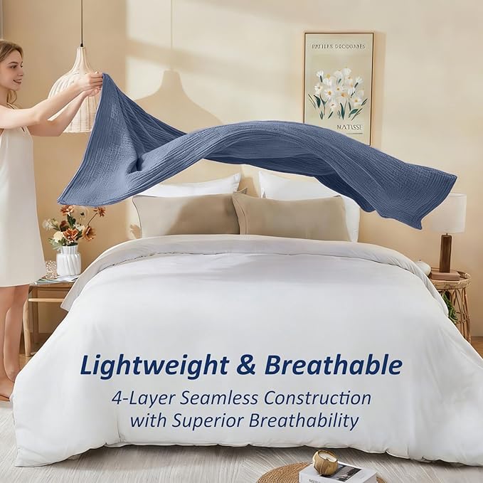 EMME Cotton Muslin Twin XL Blanket Breathable Gauze Soft Lightweight Adults Gifts for Women (Heather Navy, 66"x90")