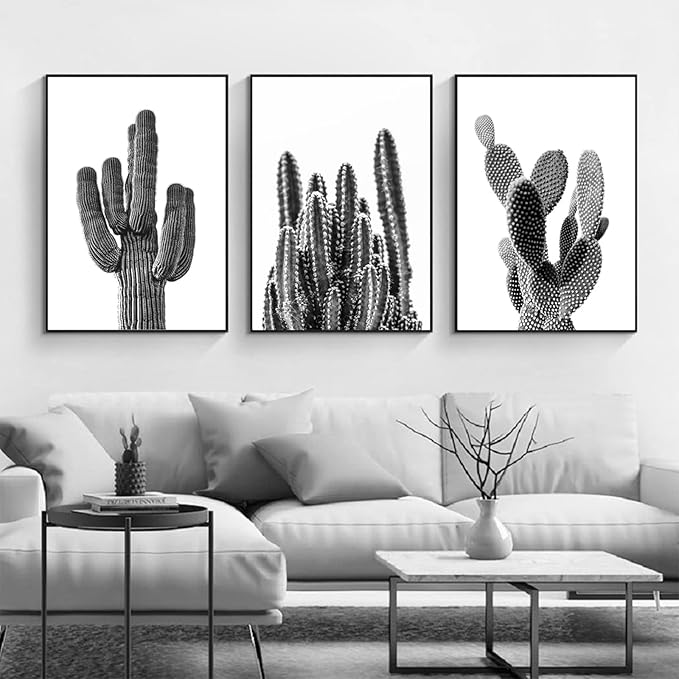 Black And White Cactus Canvas Wall Art Saguaro Cactus Pictures Wall Decor Black And White Artwork Painting Mexican Succulent Poster Prints for Living Room Bedroom Decor 16x24x3 Inch Unframed
