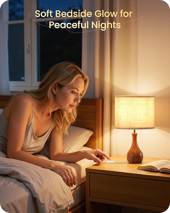 Wood Table Lamps Set of 2, Small Bedside Lamps Set of 2, Beige Linen Lampshade & Dark Pearwood Base, 14.2" Small Table Lamp, Nightstand Lamps for Bedroom, Small Space, E26 Socket, LE09TLP205