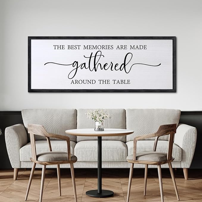 Foutcheou The Best Memories are Made Gathered Around The Table Wall Decor, 32''×12'' Framed Wood Farmhouse Kitchen Sign, Large Horizontal Dining Room Wall Art for Home Family, Black