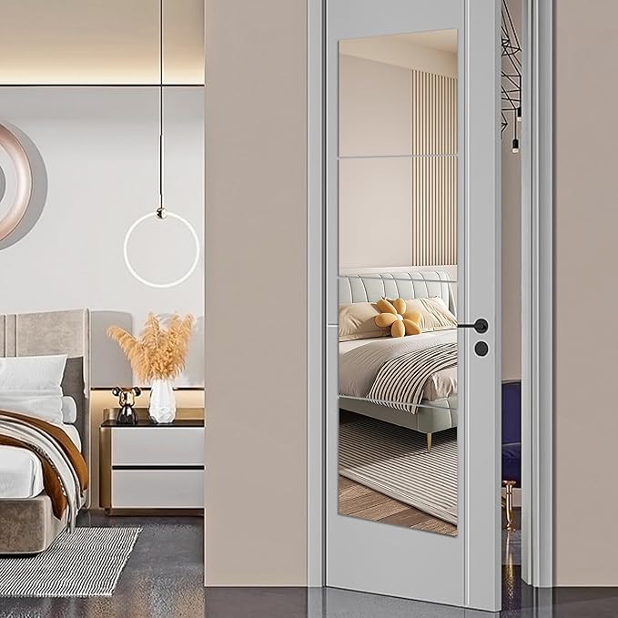 HD Glass Full Length Wall Mirror Tiles - Set of 4, 8'' x 8'' - Frameless, Ideal for Bedroom, Home Gym, Bathroom - Versatile Wall Decor and Over Door Mirrors with Toddler Mirror Stickers