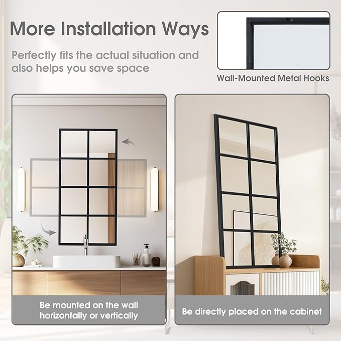 DUMOS Wall Mirror 16" x 32", Set of 2 Rectangle Window Pane Decorative Mirrors, Metal Framed Wall Mounted Mirror for Bathroom, Bedroom, Entryway