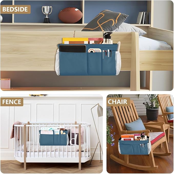 DOMIKING Caribbean Blue Bedside Caddy for Dorm Bed Recliner Armrest Organizer with Hooks Haning Storage Pockets for Bunk Bed Headboards Rails