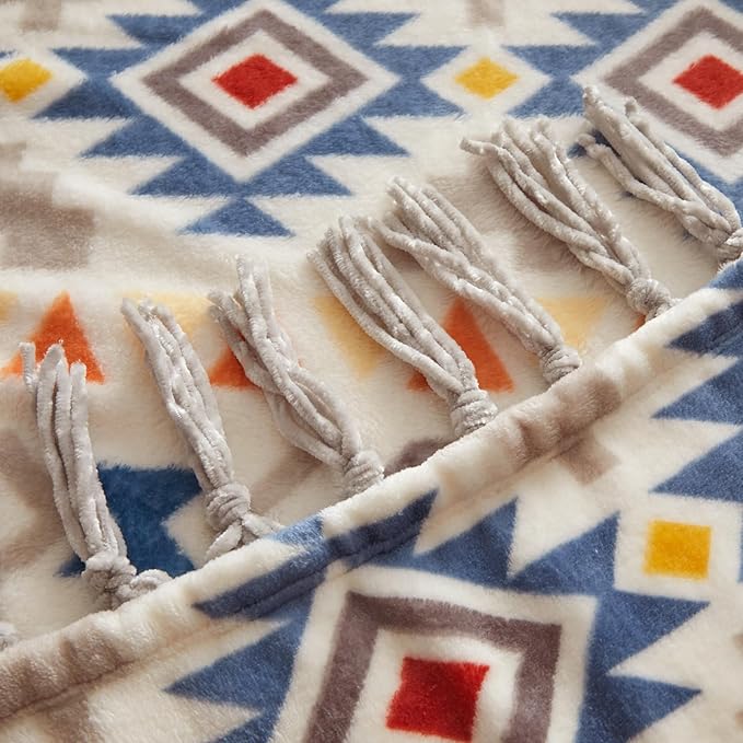 CASAAGUSTO Boho Throw Blanket - Colorful Decorative Blankets with Tassel, Printed Flannel Bohemian Blanket for Chair, Bed, Sofa, Couch(50 * 60, Colorful)