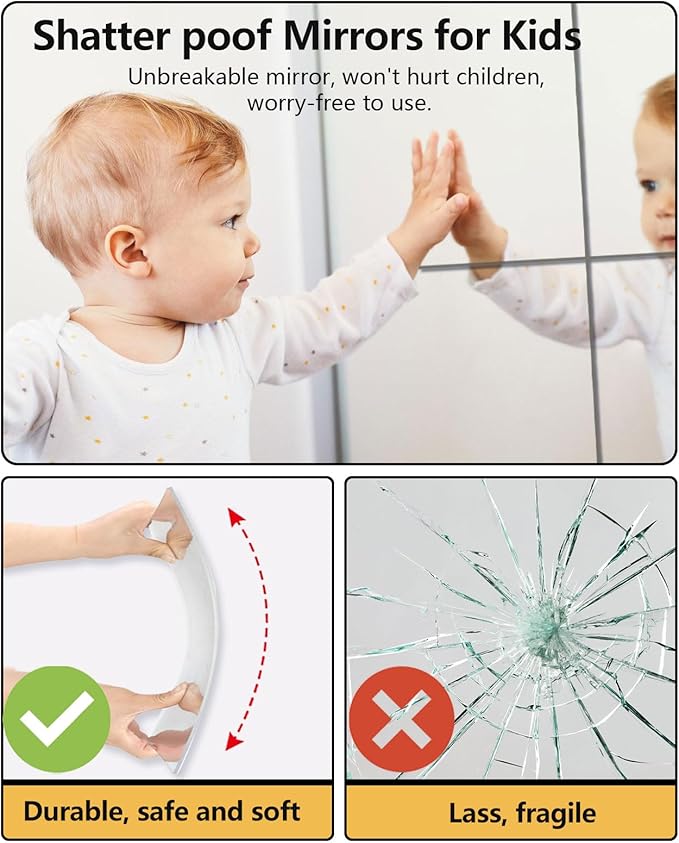 Unbreakable Mirror Tiles, 1PCS 8”x8” Peel And Stick on Mirror for Wall Mirrors Decorative, Toddlers for Kids Bedroom, Plastic Gym Frameless Door Small Adhesive Mirrors for Classroom Decor Stickers