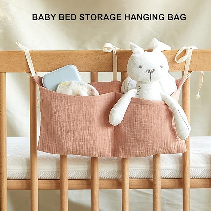 Diaper Caddy, Pure Cotton Cloth Baby Bedside Hanging Storage Bag Diaper Stacker Crib Organizer Hanging for Crib 2 Pockets Adjustable Strap Organizer for Baby Cribs and Toys