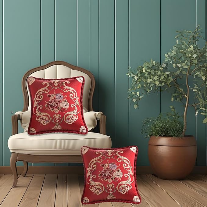 SZHELEJIAM Pillow Covers 18x18 Set of 2, Jacquard Vintage Embroidered Thow Pillow Cove,for Decorating Living Room Sofas, Beds, Chairs, and Recliners Cushion Cases Red