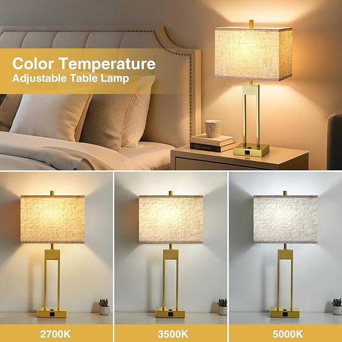 Extra Large 25.5" Nightstand Table Lamps for Bedrooms Set of 2, Bedside Lamp with USB C+A, Colors Changeable Living Room Lamp, Modern Night Stand Lamp for Bedside Guest Room Reading, Gold+White Shade