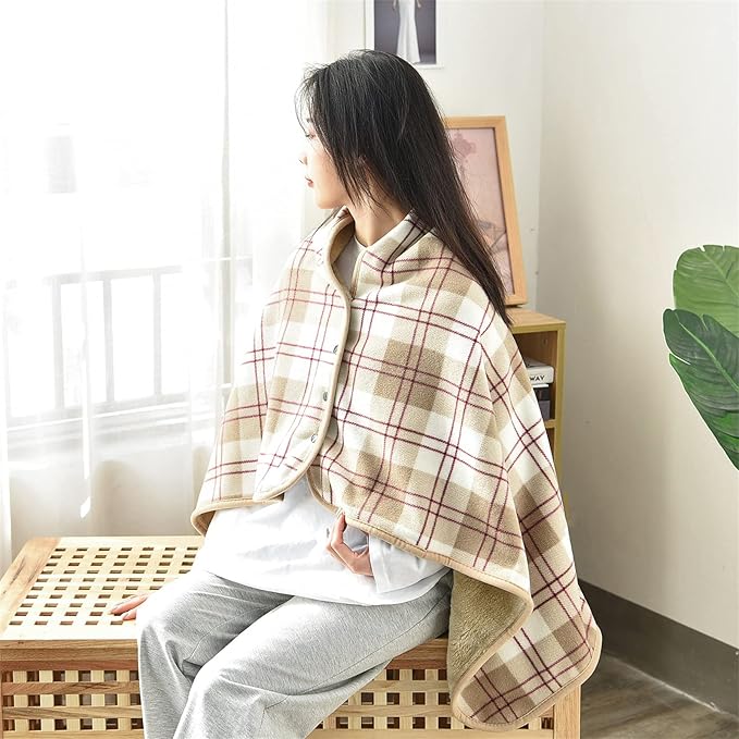 forestfish Fleece Wearable Blanket, Plaid Lap Blanket Comfy Poncho Throw with Buttons for Bed Sofa Office, Brown-White
