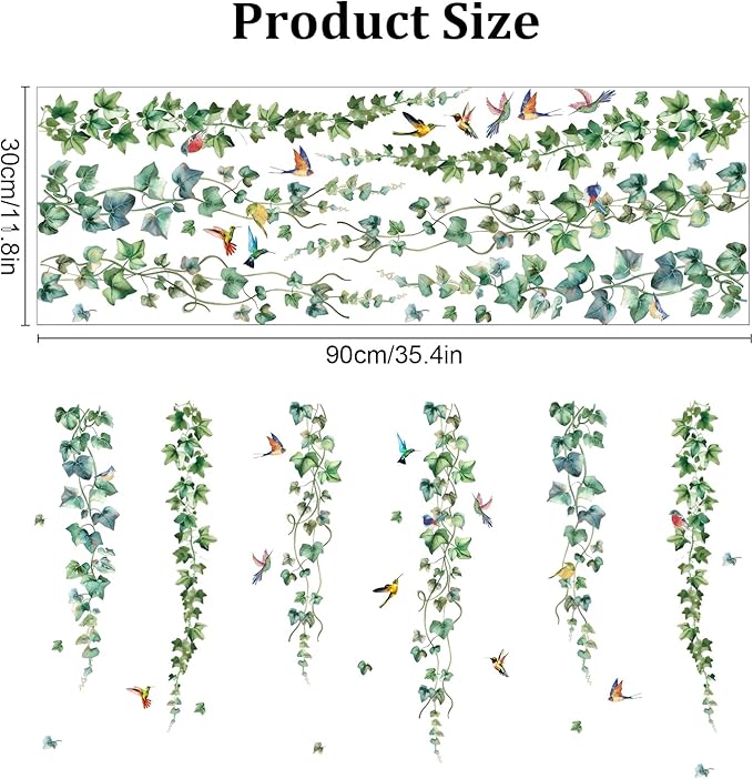 HLNIUC Nature Themed Wall Decal 35PCS Vine and Bird Self Stick Room Sticker Colourful Humming Bird Sticky Wall Decals Spring Day Wall Stickers Peel and Stick Natural Art Decal for Living Room