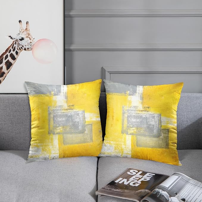 Britimes Throw Pillow Covers Modern Home Art Decor, 18 x 18 Inches Set of 2 Pillow Cases Decorative, Abstract Oil Painting Pillowcases for Bedroom, Living Room, Cushion Couch Sofa, Yellow Grey